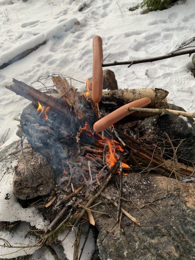 Hot Dogs On Sticks Over A Fire At Camping Site