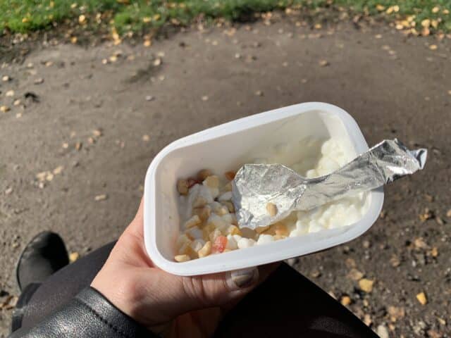 Makeshift Spoon In Cottage Cheese With Nuts Lunch Box