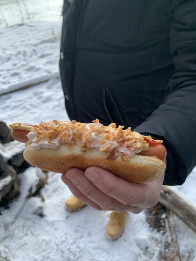 Holding Hot Dog With Roasted Onion At Camp Site