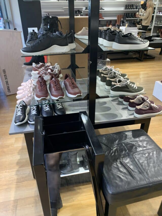 Sneakers On Display Racks In Shoe Store