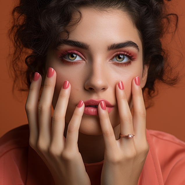 Hazel Eyed Woman With Coral Colored Makeup And Nails