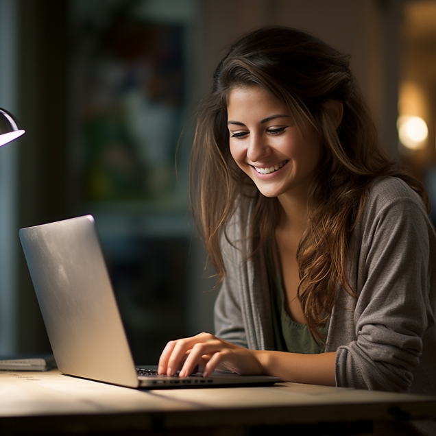 Woman Working In Her Office At Table And Laptop