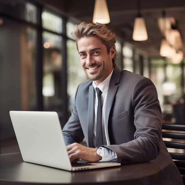 Smiling Man Working On His Laptop In Suite