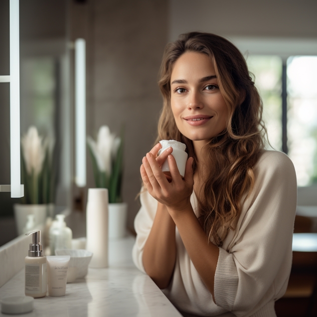 Smiling Woman Using Organic Hand Cream In The Bathroom