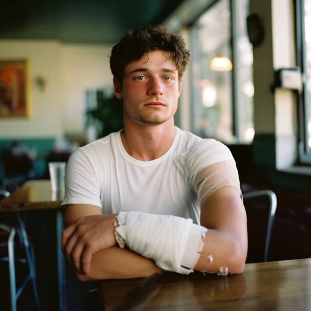 Young Man With Injured Arm And Shoulder After Accident
