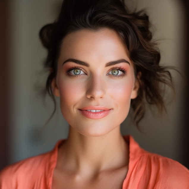 Happy Female With Green Eyes And Makeup And Dark Hair