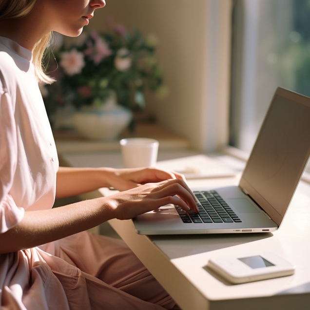 Girl In Pink Clothes Sits And Writes On A Laptop
