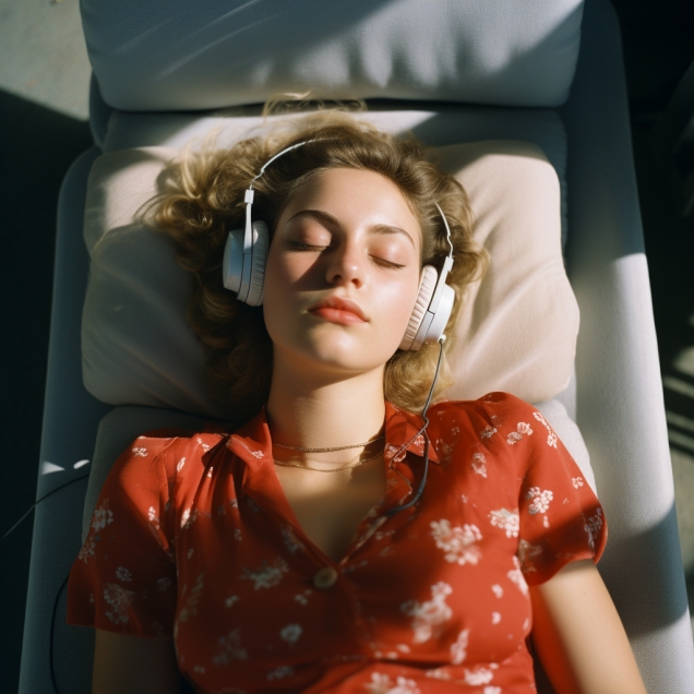 Girl Lies Down Relaxed And Listens To Music In Headphones