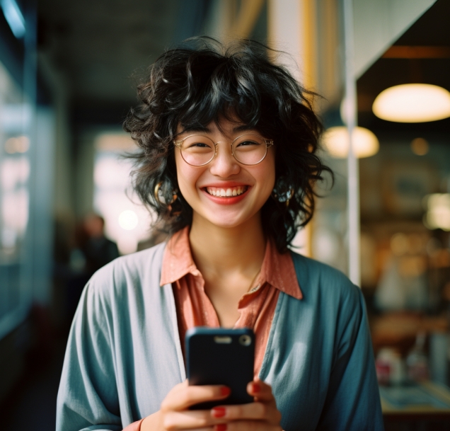 Happy Dark-Haired Girl Playing Games On The Mobile Phone