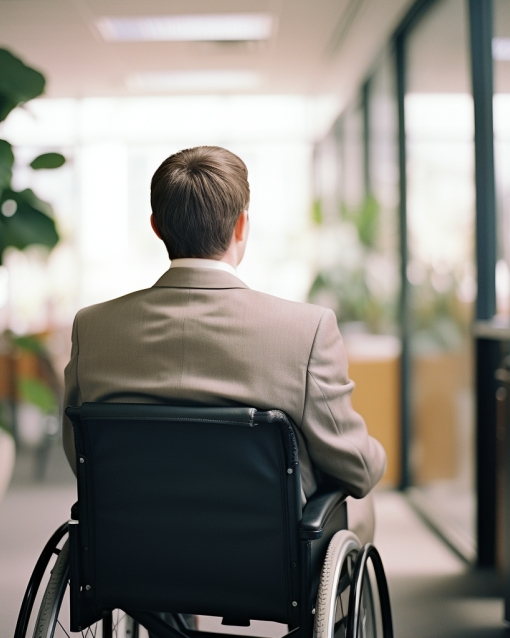 Injured Man Sitting In A Wheelchair At Work