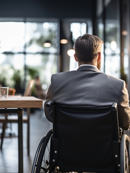 Guy  In A Wheelchair With A Grey Jacket On In A Cafe